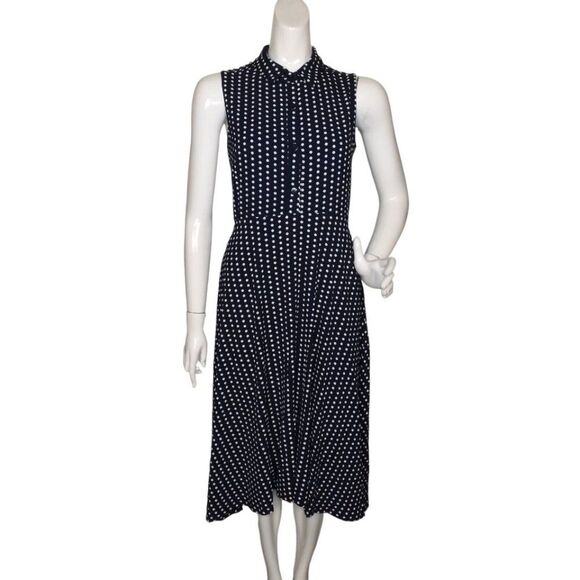 LESLIE FAY Dress, 10, Navy/White Polka Dots, Sleeveless/Collar, Side Zip - Picture 13 of 13